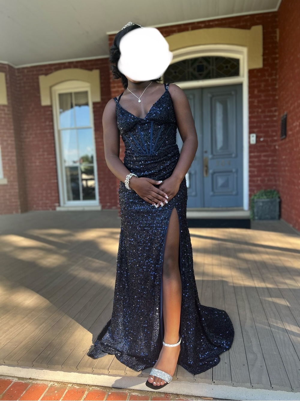 Source Unknown Navy-Black Sequin Spaghetti-Strap Prom Gown with High Slit
